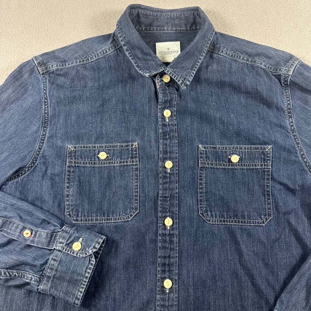 American Eagle Mens XL Denim Button Down Shirt Long Sleeve Dark Wash Cotton